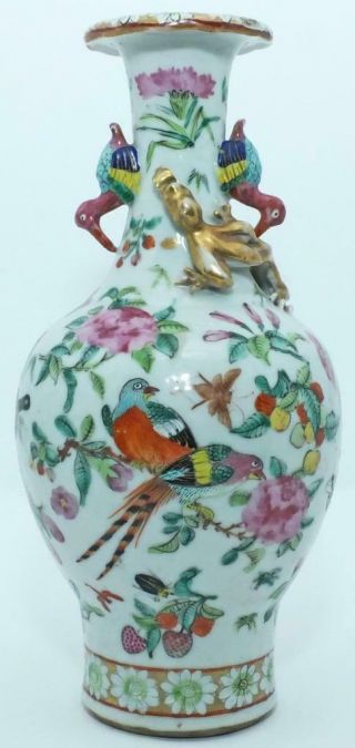 19th C Chinese Famille Rose Canton Vase Unusual Bird Handles