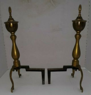 VINTAGE BRASS FIREPLACE ANDIRONS With Cast Iron Support Legs 2