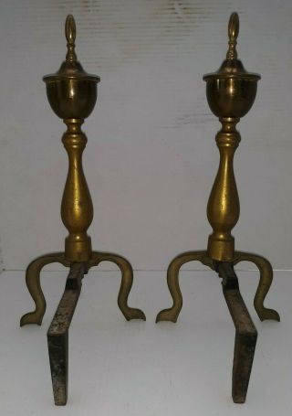 VINTAGE BRASS FIREPLACE ANDIRONS With Cast Iron Support Legs 3