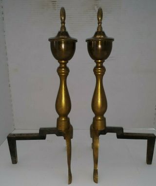 VINTAGE BRASS FIREPLACE ANDIRONS With Cast Iron Support Legs 4