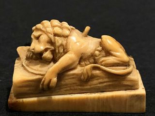 Antique Napoleonic War Trench Art Hand Carved Bone Dead Lion Lucerne Sculpture