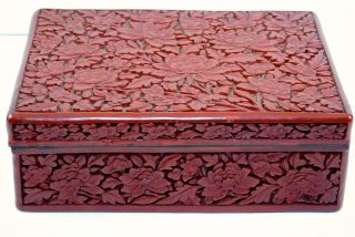 Antique Chinese Carved Cinnabar Lacquer Deep Carved Chrysanthemums Lidded Box