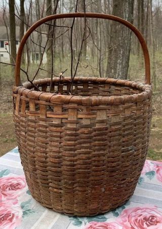 Primitive Woven Antique 19th Century Basket Splint Carved Handle Farmhouse