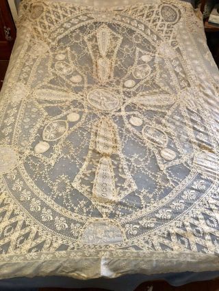 Vintage Antique French Mixed Net Lace & Embroidery Bed Cover Spread Flowers