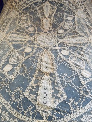 Vintage Antique French Mixed Net LACE & Embroidery BED COVER SPREAD Flowers 2