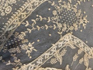 Vintage Antique French Mixed Net LACE & Embroidery BED COVER SPREAD Flowers 3