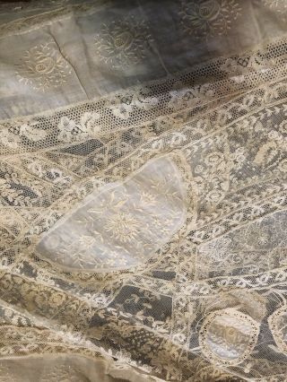 Vintage Antique French Mixed Net LACE & Embroidery BED COVER SPREAD Flowers 7
