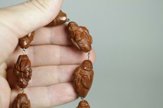 Antique Chinese 19th Century Carved Hediao Nut Bead Necklace 14 Beads Lohan 5