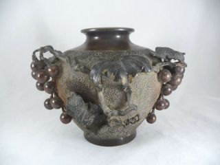 Antique Japanese Bronze Grape Vine Vase Marked Japan Meiji Period
