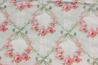 Antique French Pink Roses & Ribbons Home Cotton Fabric C1890 L - 19 " X W - 31 "