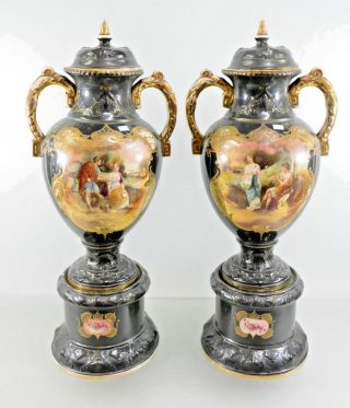 Xxl Pair Antique Vienna Pottery Romantic Vases 3 Parts 1900 Art Nouveau