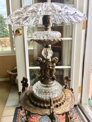(2) Antique Brass Lamp Cut Crystal Shade and Accents,  Boy Girl Bust Center 2