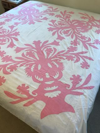 Antique Vintage Pink Hawaiian Appliqued Quilt Top Unfinished 86.  5 X 87” Cotton