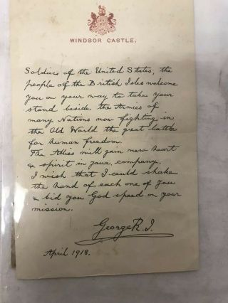 King George V Windsor Letter Ww1 To Us Troops