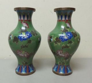 Pair Antique Chinese Cloisonne Enamel Floral Decorated 10.  5 " Vases,  Green