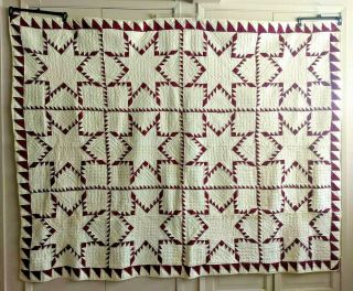 Stunning Maroon/muslin Feathered Star Quilt Solid Cotton Fabrics 67 " X 86 "