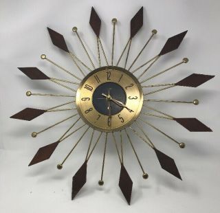 Welby Mid - Century Mcm Atomic Sunburst Wall Clock Wood Tips Rare