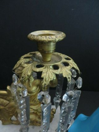 Rare 1850 ' s Bronze Girandole W/ Blue Opalene Vase Marble Base Cut Glass Prisms 10