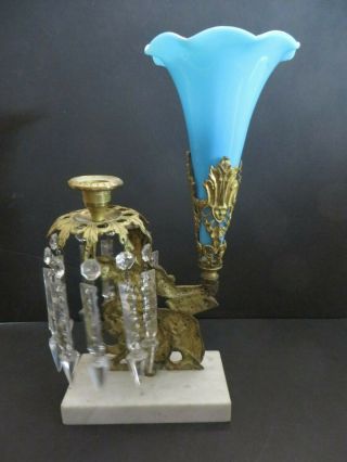 Rare 1850 ' s Bronze Girandole W/ Blue Opalene Vase Marble Base Cut Glass Prisms 2