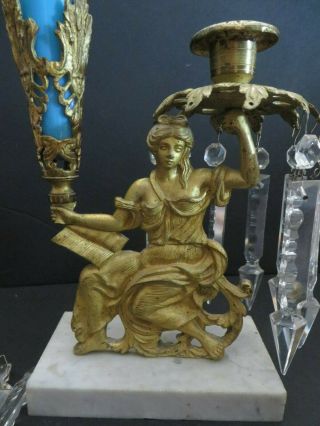 Rare 1850 ' s Bronze Girandole W/ Blue Opalene Vase Marble Base Cut Glass Prisms 3