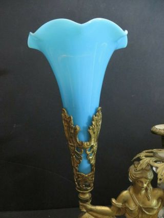 Rare 1850 ' s Bronze Girandole W/ Blue Opalene Vase Marble Base Cut Glass Prisms 4