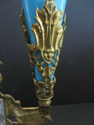 Rare 1850 ' s Bronze Girandole W/ Blue Opalene Vase Marble Base Cut Glass Prisms 6