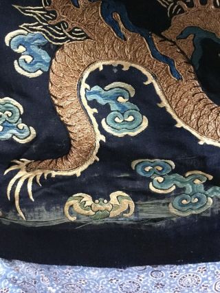 19 Th Century chinese Dragon Robe Panel.  Two Dragons.  Catchimg The Pearl. 5