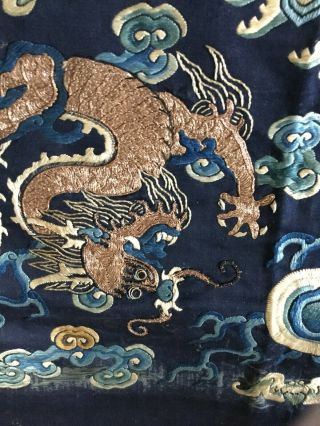19 Th Century chinese Dragon Robe Panel.  Two Dragons.  Catchimg The Pearl. 7
