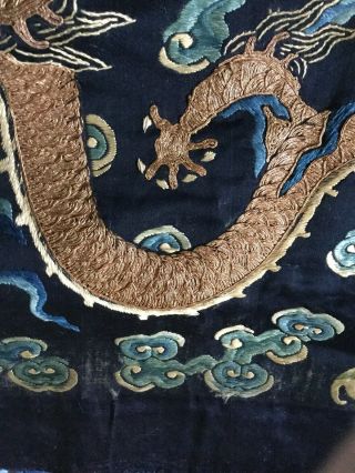 19 Th Century chinese Dragon Robe Panel.  Two Dragons.  Catchimg The Pearl. 8