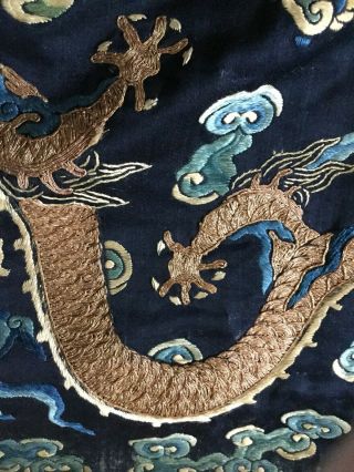 19 Th Century chinese Dragon Robe Panel.  Two Dragons.  Catchimg The Pearl. 9