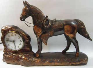 Vintage Western Horse Mantle Clock Copper Finish Bristol Metal Base 17 "