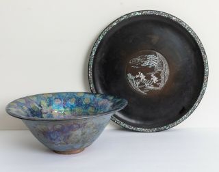 A Japanese Antique/vintage Big Bowl&mother Of Pearl Inlaid Wood Tray
