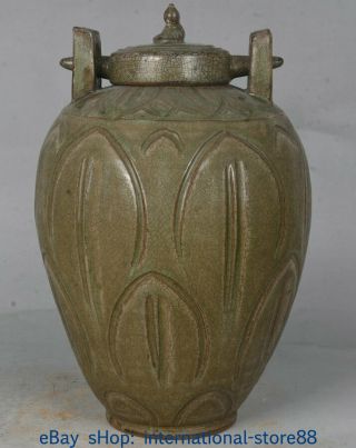 10.  8 " Old Chinese Ruyao Kiln Porcelain Freehand Palace Beast Lid Bottle Tank Jar