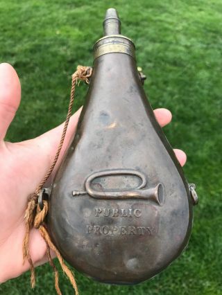 Antique Black Powder Flask Public Property Bugle Pre Civil War Military 1820’s
