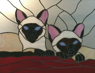 Vintage Siamese Cats Stained Glass Hanging Window Pewter Wood Stain Frame 24x19”