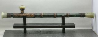 Fantastic Antique Chinese Smoking Pipe Made Of Buffalo Bone & Verdite Jade Stone