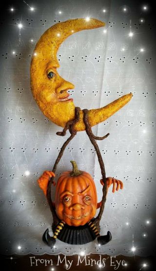 ☆primitive Folk Art Ooak Whimsical Creepy Vintage Halloween Moon Jack Pumpkin ☆