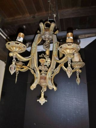 Antique Art Deco 5 Light Brass Chandelier Sailing Ship Spanish Revival