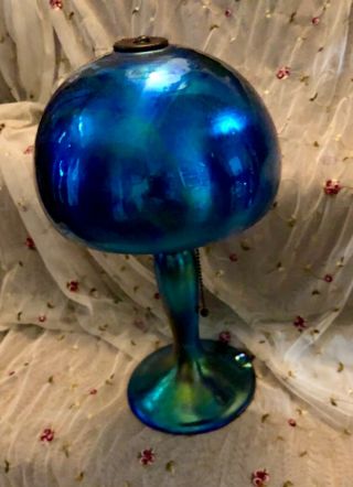 Vintage Antique Art Glass Lamp Iridescent Blue,  Orig Cloth Cord,  Green Hues