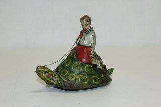 Scarce Antique German Tin Litho Wind Up Boy Riding Turtle Vg Must L@@k