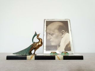 Art Deco Marble Photo Frame Spelter Peacock - French 1930s