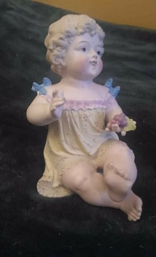 12 " Antique German Bisque Porcelain Piano Baby Girl Holding A Doll