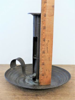 Antique 19th C SHAKER Tin PUSH UP Early Pan Base CANDLESTICK Early Lighting 2