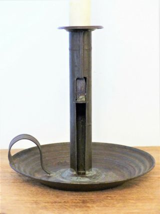 Antique 19th C SHAKER Tin PUSH UP Early Pan Base CANDLESTICK Early Lighting 3