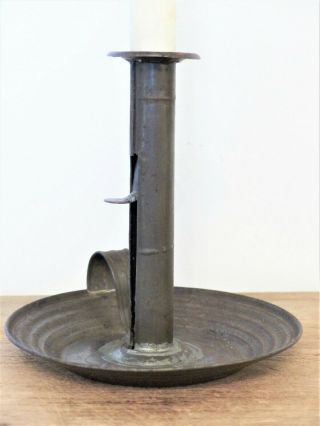 Antique 19th C SHAKER Tin PUSH UP Early Pan Base CANDLESTICK Early Lighting 4