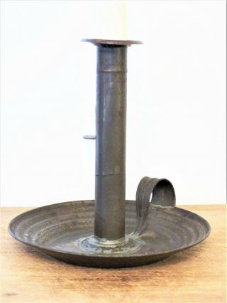 Antique 19th C SHAKER Tin PUSH UP Early Pan Base CANDLESTICK Early Lighting 5