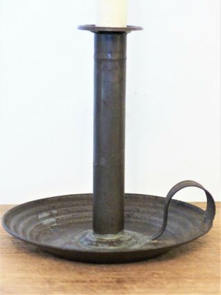 Antique 19th C SHAKER Tin PUSH UP Early Pan Base CANDLESTICK Early Lighting 6