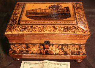Victorian Tunbridge Inlaid Fitted Sewing Box Decorated with Castle Scene c.  1855 11