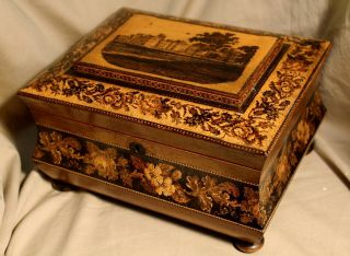 Victorian Tunbridge Inlaid Fitted Sewing Box Decorated With Castle Scene C.  1855