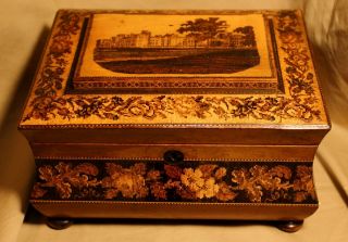 Victorian Tunbridge Inlaid Fitted Sewing Box Decorated with Castle Scene c.  1855 2